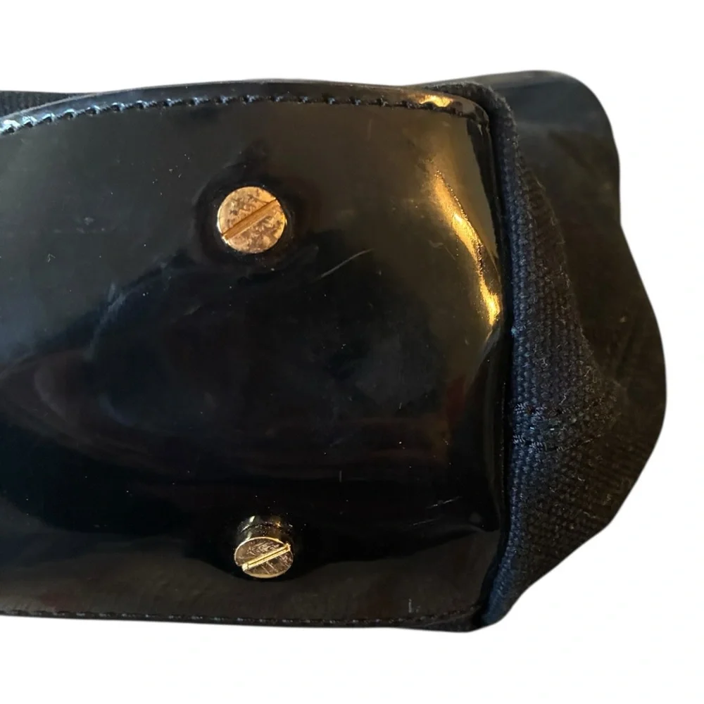 TORY BURCH Large Logo Charm Tote Black Canvas Patent Leather EUC